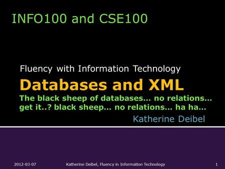 Fluency with Information Technology INFO100 and CSE100 Katherine Deibel 2012-03-07Katherine Deibel, Fluency in Information Technology1.