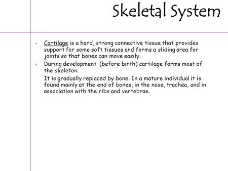 Skeletal System Cartilage is a hard, strong connective tissue that provides support for some soft tissues and forms a sliding area for joints so that bones.
