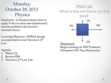 Monday, October 28, 2013 Physics Standards: 1c Students know how to apply F=ma to solve one-dimensional motion problems that involve constant forces. Learning.