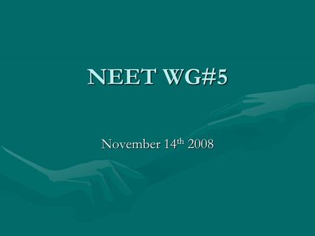 NEET WG#5 November 14 th 2008. 11-14-08 Agenda 1) Introductions 2) Review Of Agenda 3) Questions From NEET Executive Committee 4) Context/Conclusions.