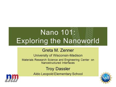 Nano 101: Exploring the Nanoworld Greta M. Zenner University of Wisconsin-Madison Materials Research Science and Engineering Center on Nanostructured Interfaces.