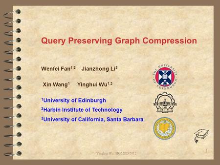 Yinghui Wu, SIGMOD 2012 Query Preserving Graph Compression Wenfei Fan 1,2 Jianzhong Li 2 Xin Wang 1 Yinghui Wu 1,3 1 University of Edinburgh 2 Harbin Institute.