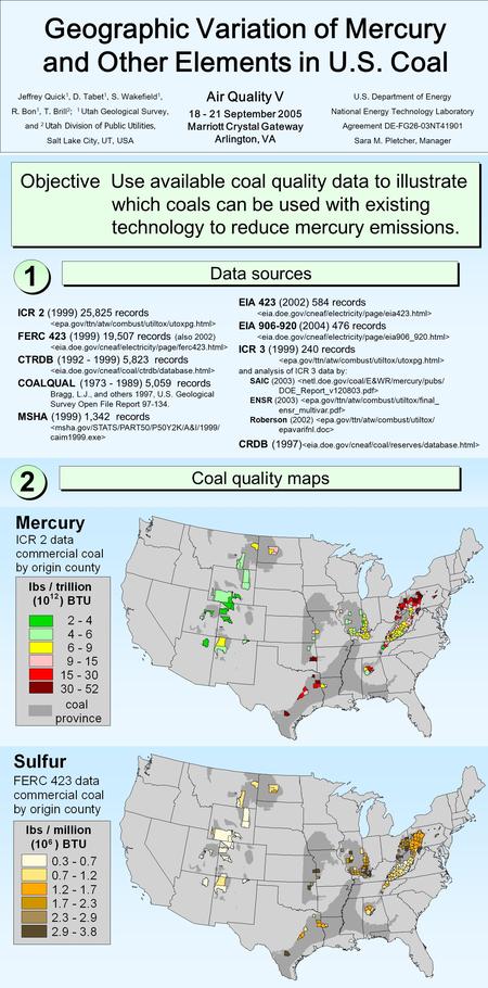 Geographic Variation of Mercury and Other Elements in U.S. Coal Jeffrey Quick 1, D. Tabet 1, S. Wakefield 1, R. Bon 1, T. Brill 2 ; 1 Utah Geological Survey,