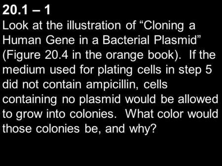 20.1 – 1 Look at the illustration of “Cloning a Human Gene in a Bacterial Plasmid” (Figure 20.4 in the orange book). If the medium used for plating cells.
