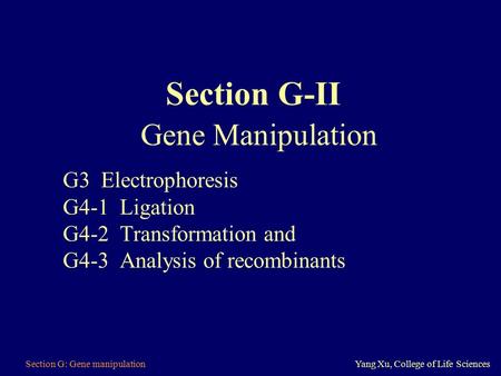Section G-II Gene Manipulation G3 Electrophoresis G4-1 Ligation G4-2 Transformation and G4-3 Analysis.