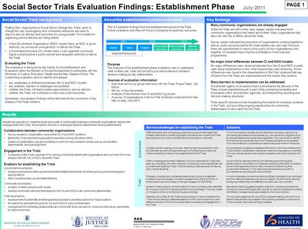 Social Sector Trials Evaluation Findings: Establishment Phase July 2011 Social Sector Trials backgroundAbout the establishment phase evaluationKey findings.