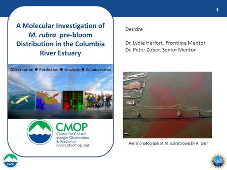 1 A Molecular Investigation of M. rubra pre-bloom Distribution in the Columbia River Estuary Deirdre Dr. Lydie Herfort, Frontline Mentor Dr. Peter Zuber,