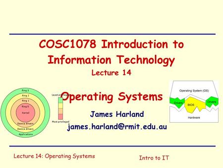 Lecture 14: Operating Systems Intro to IT COSC1078 Introduction to Information Technology Lecture 14 Operating Systems James Harland