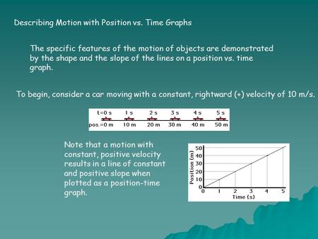 Describing Motion with Position vs. Time Graphs The specific features of the motion of objects are demonstrated by the shape and the slope of the lines.