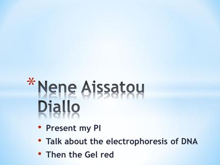Present my PI Talk about the electrophoresis of DNA Then the Gel red.