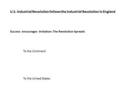 U.S. Industrial Revolution follows the Industrial Revolution in England Success encourages Imitation: The Revolution Spreads To the Continent To the United.
