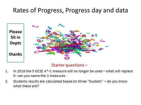 Rates of Progress, Progress day and data Starter questions – 1.In 2016 the 5 GCSE A*-C measure will no longer be used – what will replace it- can you name.