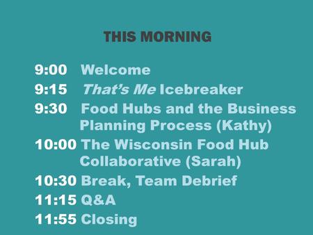 9:00 Welcome 9:15 That’s Me Icebreaker 9:30 Food Hubs and the Business Planning Process (Kathy) 10:00 The Wisconsin Food Hub Collaborative (Sarah) 10:30.