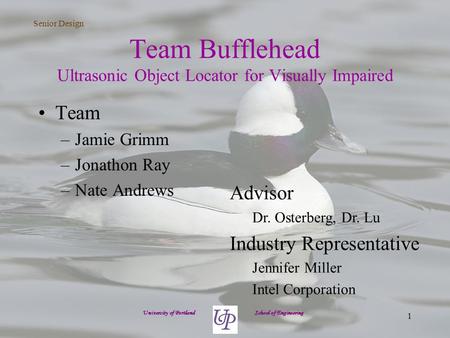 Senior Design 1 Team Bufflehead Ultrasonic Object Locator for Visually Impaired Team –Jamie Grimm –Jonathon Ray –Nate Andrews University of Portland School.