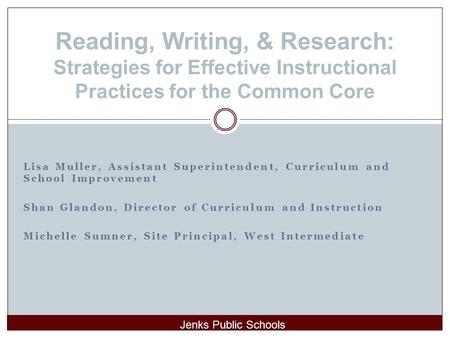 Reading, Writing, & Research: Strategies for Effective Instructional Practices for the Common Core Lisa Muller, Assistant Superintendent, Curriculum and.