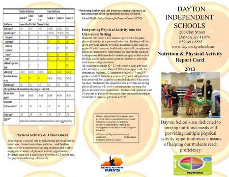 Nutrition & Physical Activity Report Card 2013 Dayton Schools are dedicated to serving nutritious meals and providing multiple physical activity opportunities.