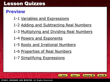 Lesson Quizzes Preview 1-1 Variables and Expressions
