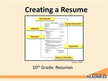 Creating a Resume 10 th Grade: Resumes Eduers, 2009.