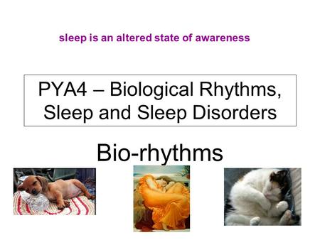 PYA4 – Biological Rhythms, Sleep and Sleep Disorders Bio-rhythms sleep is an altered state of awareness.