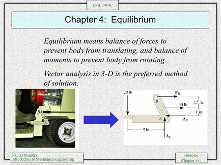 Chapter 4: Equilibrium Equilibrium means balance of forces to prevent body from translating, and balance of moments to prevent body from rotating. Vector.