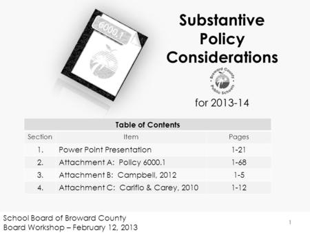 School Board of Broward County Board Workshop – February 12, 2013 1 Substantive Policy Considerations for 2013-14 Table of Contents SectionItemPages 1.Power.
