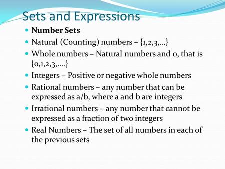 Sets and Expressions Number Sets