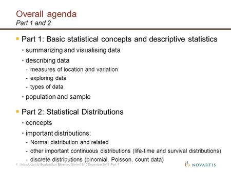 Overall agenda Part 1 and 2  Part 1: Basic statistical concepts and descriptive statistics summarizing and visualising data describing data -measures.