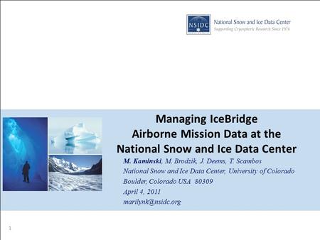 Managing IceBridge Airborne Mission Data at the National Snow and Ice Data Center M. Kaminski, M. Brodzik, J. Deems, T. Scambos National Snow and Ice Data.
