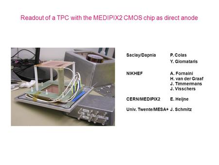 Readout of a TPC with the MEDIPIX2 CMOS chip as direct anode Saclay/DapniaP. Colas Y. Giomataris NIKHEFA. Fornaini H. van der Graaf J. Timmermans J. Visschers.