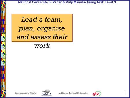 1 Commissioned by PAMSA and German Technical Co-Operation National Certificate in Paper & Pulp Manufacturing NQF Level 3 Lead a team, plan, organise and.