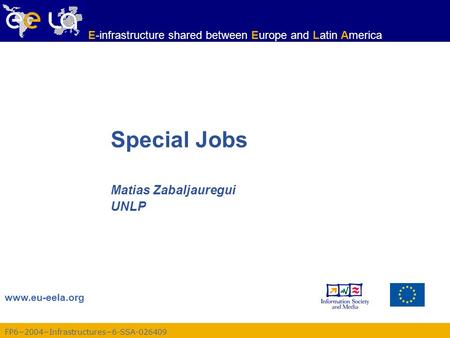 FP6−2004−Infrastructures−6-SSA-026409 www.eu-eela.org E-infrastructure shared between Europe and Latin America Special Jobs Matias Zabaljauregui UNLP.