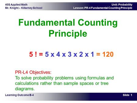 40S Applied Math Mr. Knight – Killarney School Slide 1 Unit: Probability Lesson: PR-4 Fundamental Counting Principle Fundamental Counting Principle Learning.