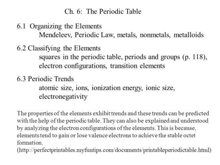 Ch. 6: The Periodic Table 6.1 Organizing the Elements 	Mendeleev, Periodic Law, metals, nonmetals, metalloids 6.2 Classifying the Elements 	squares in.