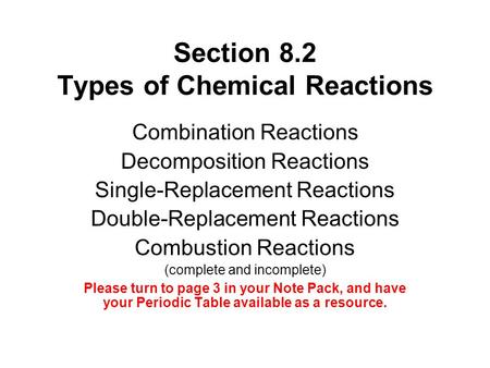 Section 8.2 Types of Chemical Reactions Combination Reactions Decomposition Reactions Single-Replacement Reactions Double-Replacement Reactions Combustion.
