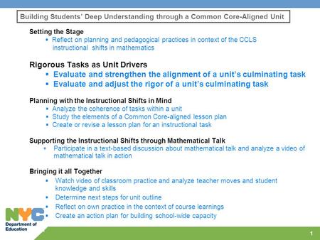 Building Students’ Deep Understanding through a Common Core-Aligned Unit Setting the Stage  Reflect on planning and pedagogical practices in context of.