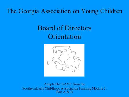 The Georgia Association on Young Children Board of Directors Orientation This is the fifth in a series of training modules intended to help associations.