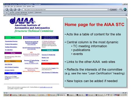 Home page for the AIAA STC Acts like a table of content for the site Central column is the most dynamic TC meeting information publications events Links.