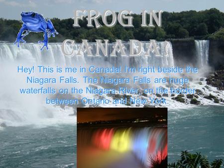 Frog IN CANADA! Hey! This is me in Canada! I’m right beside the Niagara Falls. The Niagara Falls are huge waterfalls on the Niagara River, on the border.