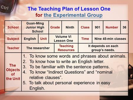 The Teaching Plan of Lesson One for the Experimental Groupthe Experimental Group School Guan-Ming Junior High School GradeNinthClass901Number36 SubjectEnglishUnit.