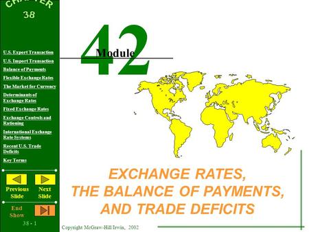 38 - 1 Copyright McGraw-Hill/Irwin, 2002 U.S. Export Transaction U.S. Import Transaction Balance of Payments Flexible Exchange Rates The Market for Currency.