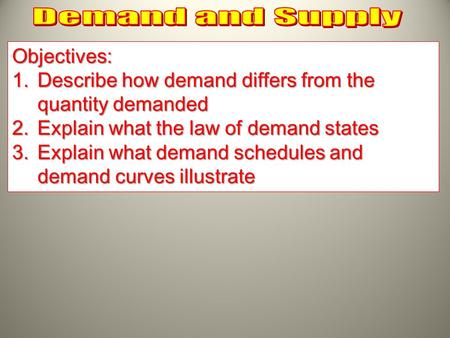 Objectives: 1.Describe how demand differs from the quantity demanded 2.Explain what the law of demand states 3.Explain what demand schedules and demand.