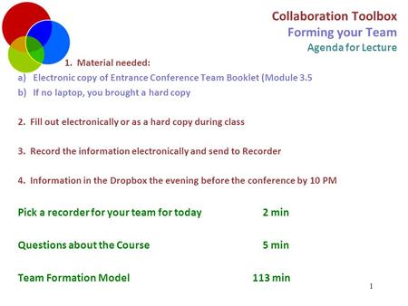 Collaboration Toolbox Forming your Team Agenda for Lecture