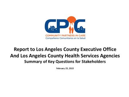 Report to Los Angeles County Executive Office And Los Angeles County Health Services Agencies Summary of Key Questions for Stakeholders February 25, 2015.