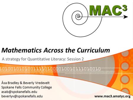 Mathematics Across the Curriculum A strategy for Quantitative Literacy: Session 2 Åsa Bradley & Beverly Vredevelt Spokane Falls Community College