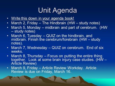 Unit Agenda Write this down in your agenda book! March 2, Friday – The Hindbrain (HW – study notes) March 5, Monday – midbrain and part of cerebrum. (HW.