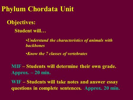 Phylum Chordata Unit Objectives: Student will… Understand the characteristics of animals with backbones Know the 7 classes of vertebrates MIF – Students.