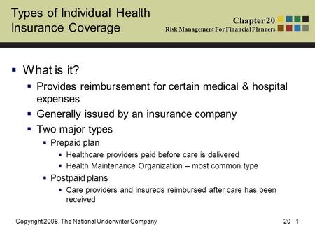 20 - 1Copyright 2008, The National Underwriter Company Types of Individual Health Insurance Coverage  What is it?  Provides reimbursement for certain.