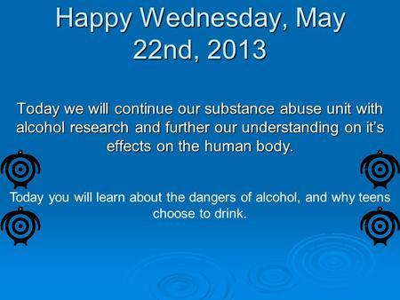 Happy Wednesday, May 22nd, 2013 Today we will continue our substance abuse unit with alcohol research and further our understanding on it’s effects on.