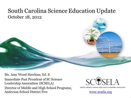 South Carolina Science Education Update October 18, 2012 Ms. Amy Wood Hawkins, Ed. S. Immediate Past President of SC Science Leadership Association (SCSELA)