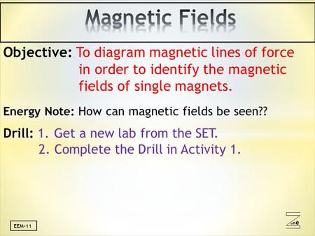 Oneone EEM-11 Objective: To diagram magnetic lines of force in order to identify the magnetic fields of single magnets. Energy Note: How can magnetic fields.